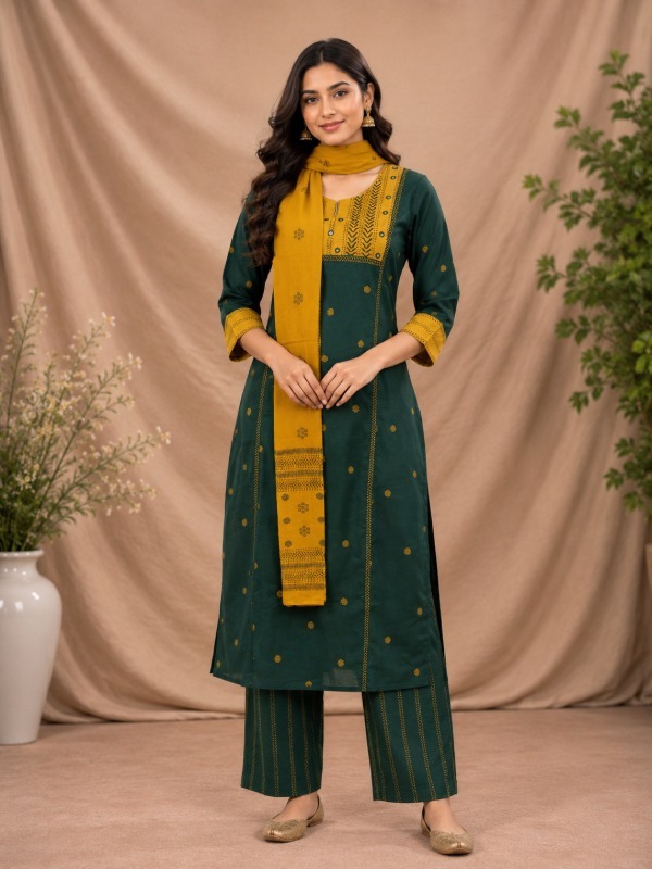 Kashida Mirror Work Kurta Pant Dupatta Set