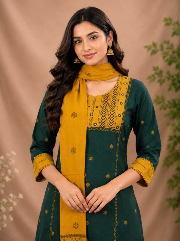 Kashida Mirror Work Kurta Pant Dupatta Set