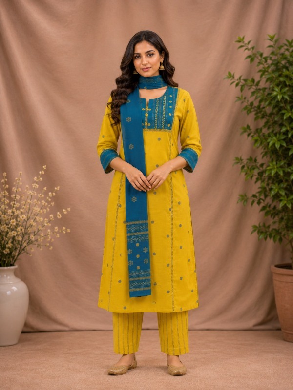 Kashida Mirror Work Kurta Pant Dupatta Set