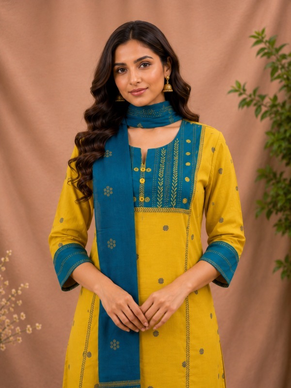 Kashida Mirror Work Kurta Pant Dupatta Set