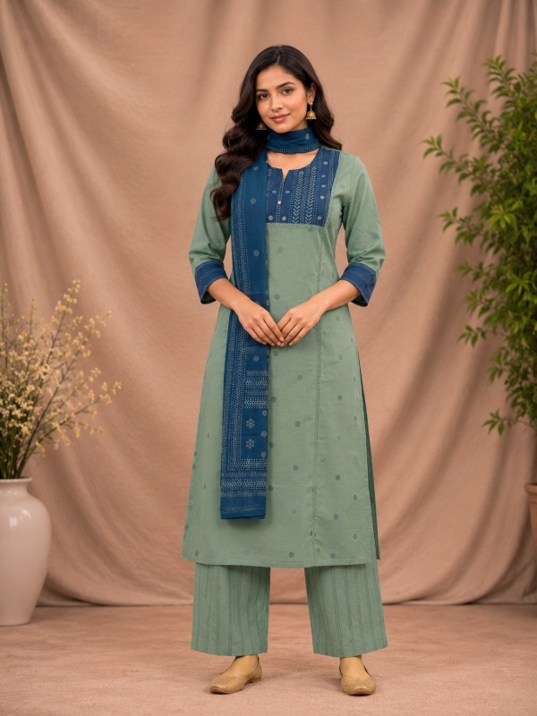 Kashida Mirror Work Kurta Pant Dupatta Set