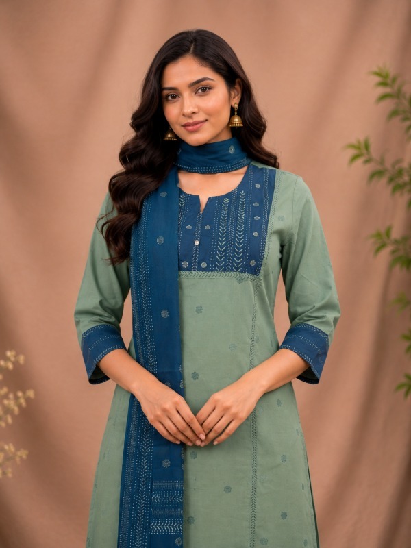 Kashida Mirror Work Kurta Pant Dupatta Set