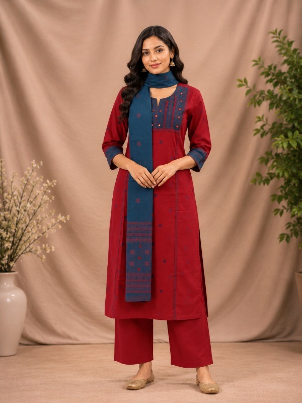 Kashida Mirror Work Kurta Pant Dupatta Set