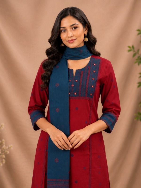 Kashida Mirror Work Kurta Pant Dupatta Set