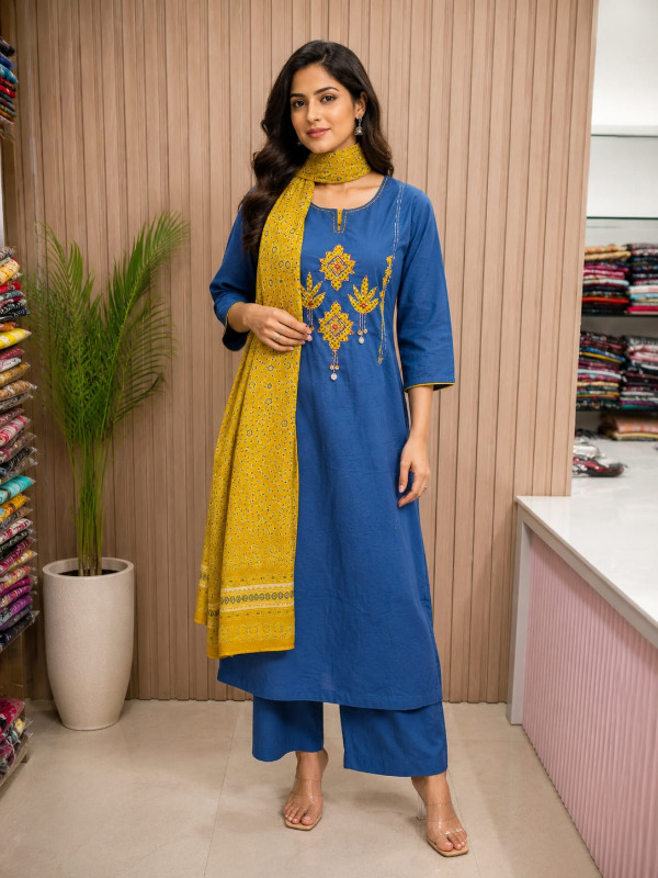 A-line Patchwork kurta pant dupatta set