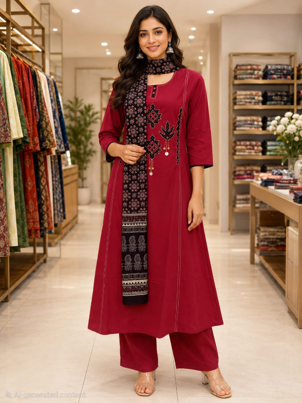 A-line Patchwork kurta pant dupatta set