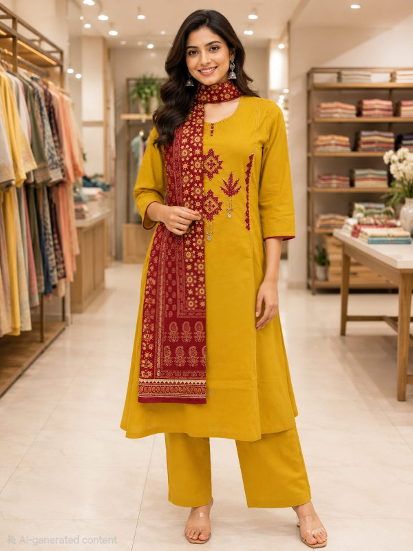 A-line Patchwork kurta pant dupatta set