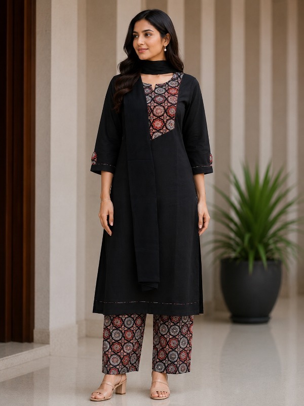 Black Medallion Dupatta Set
