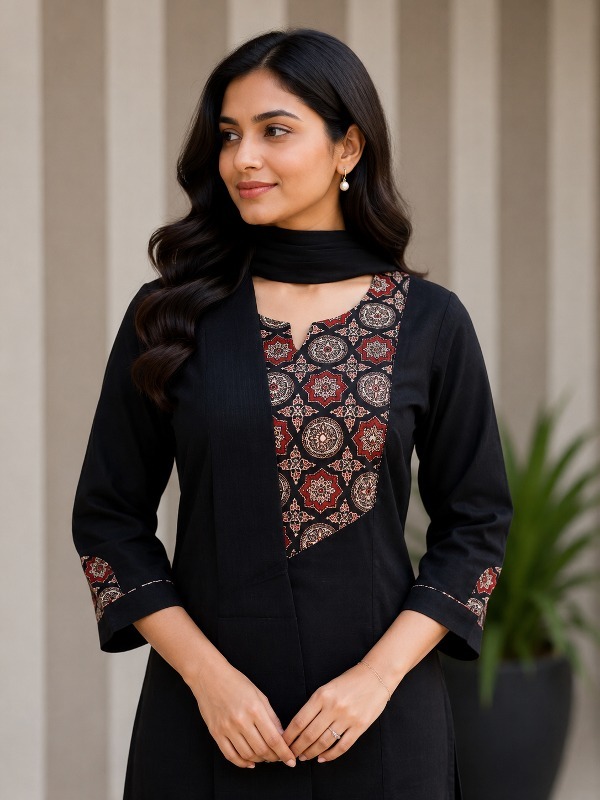 Black Medallion Dupatta Set