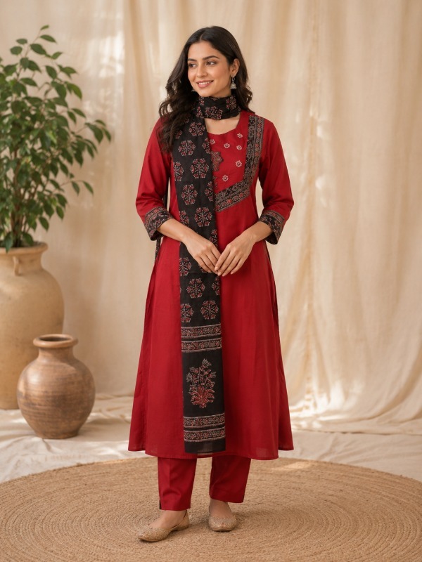 A-line Patchwork cotton kurta Pant Dupatta Set 13191