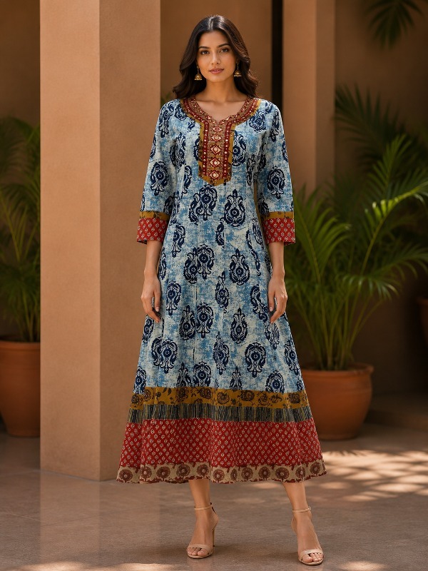 Indigo Heritage Block Print Anarkali