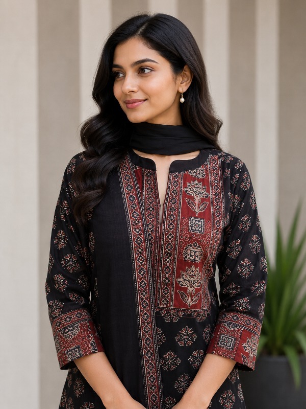 Ajrakh Frame Dupatta Set