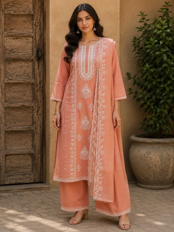 Peach Blossom Embroidery Dupatta Set