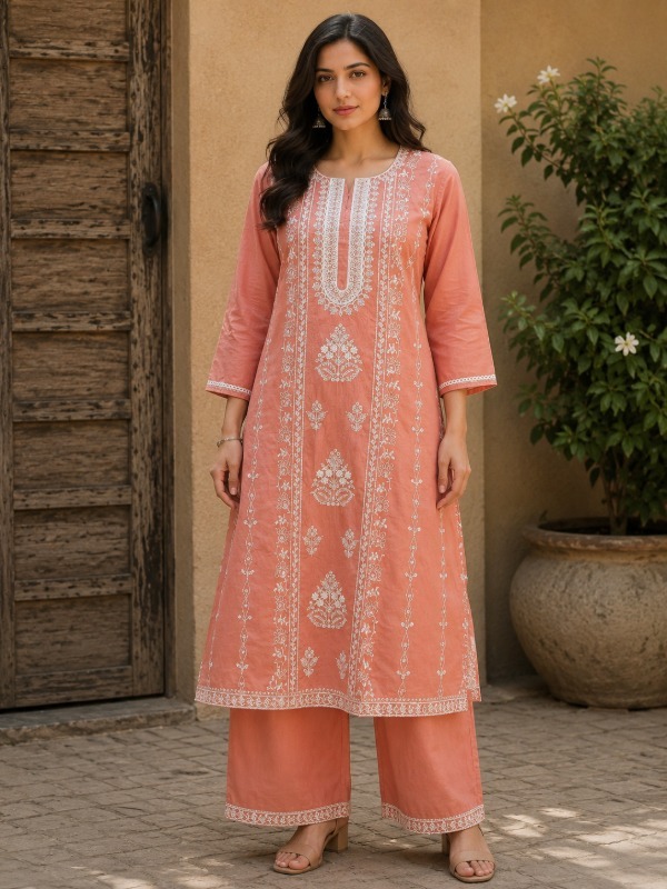 Peach Blossom Embroidery Dupatta Set