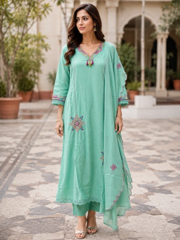 Mint Mirage MulCotton Dupatta Set