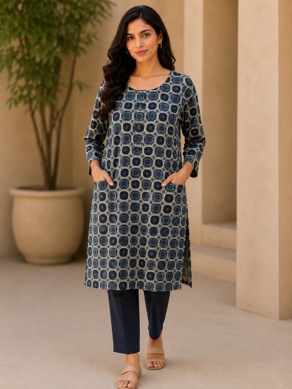 Hexa Bloom Print Ftont Pocket Kurta