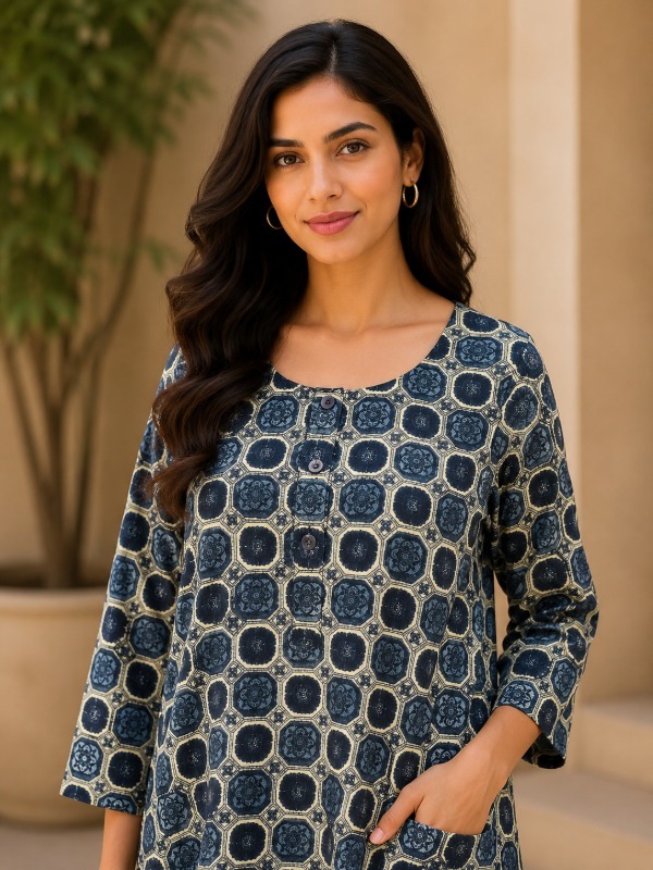 Hexa Bloom Print Ftont Pocket Kurta
