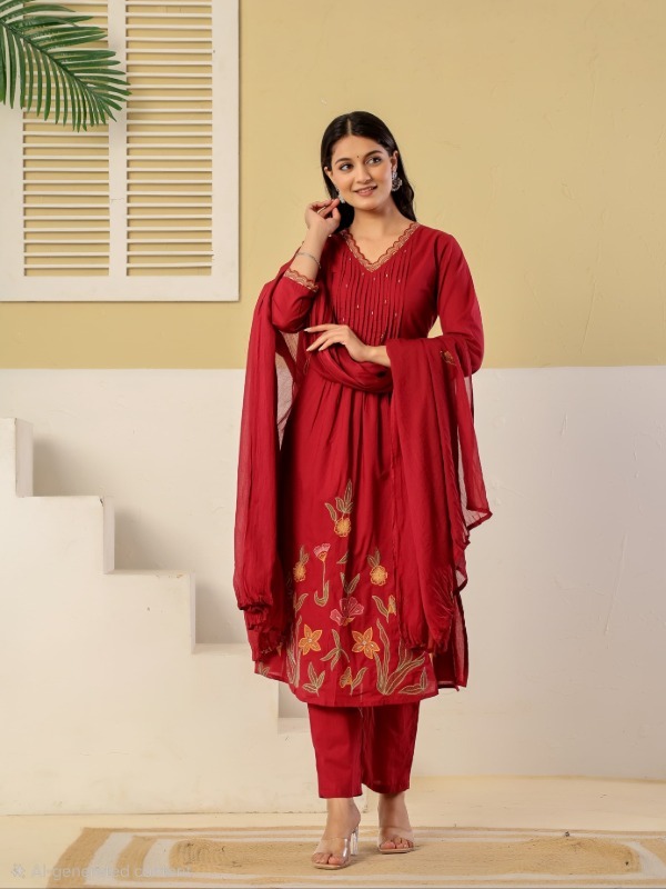 Vincia pintucks Embroidery Kurta Pant Dupatta Set