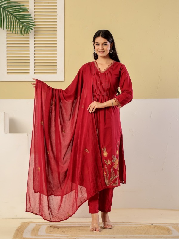 Vincia pintucks Embroidery Kurta Pant Dupatta Set