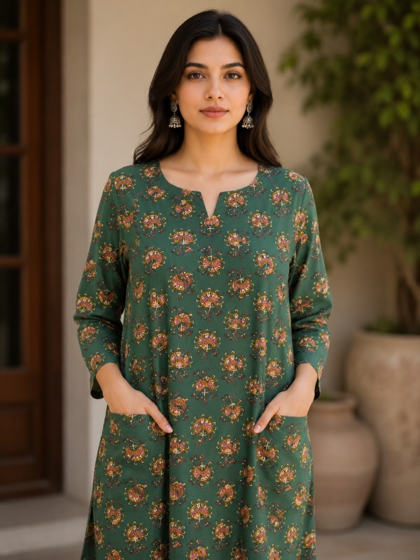 Vincia Green Butti front pocket kurta