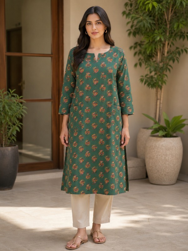 Vincia Green Butti front pocket kurta
