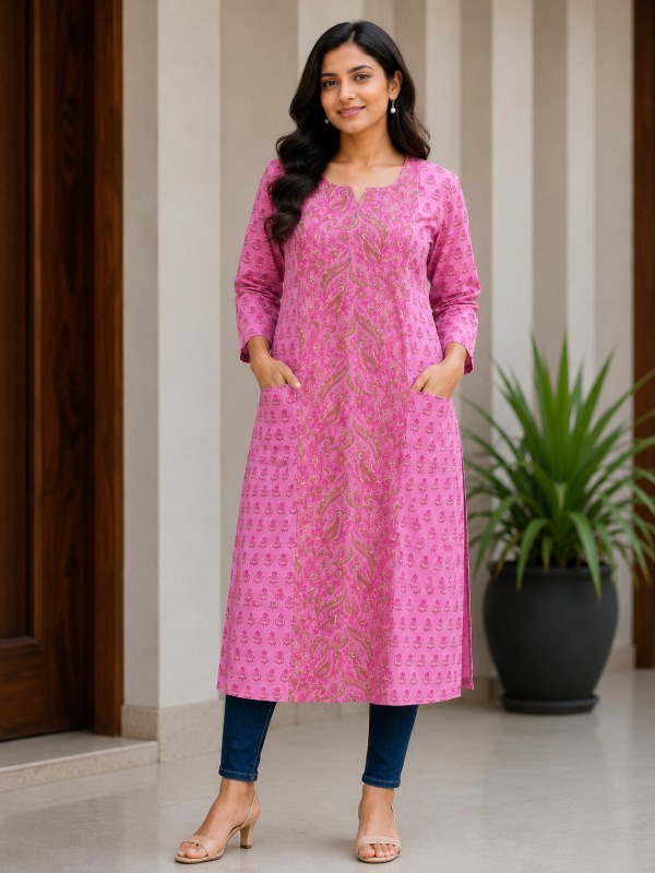 Pink Floral Pocket Kurta