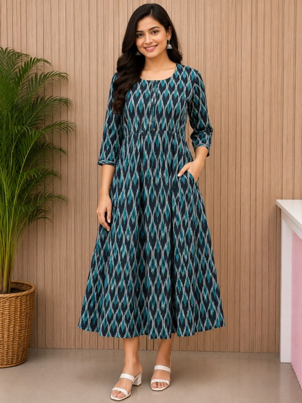 Teal Ikkat Printed Pocket Frock