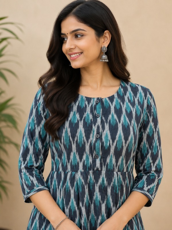 Teal Ikkat Printed Pocket Frock