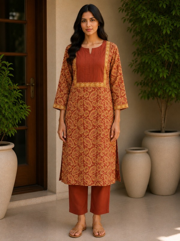 Rust Pleated Yoke Kurta & pant set