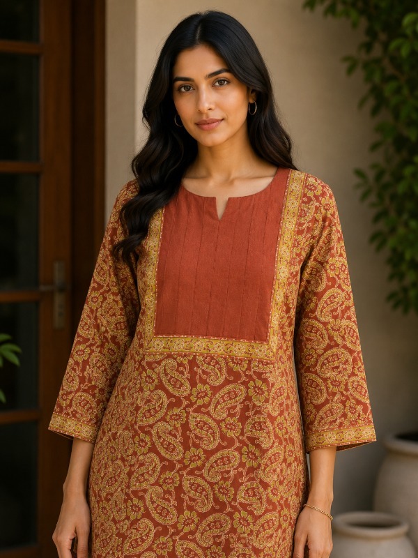 Rust Pleated Yoke Kurta & pant set