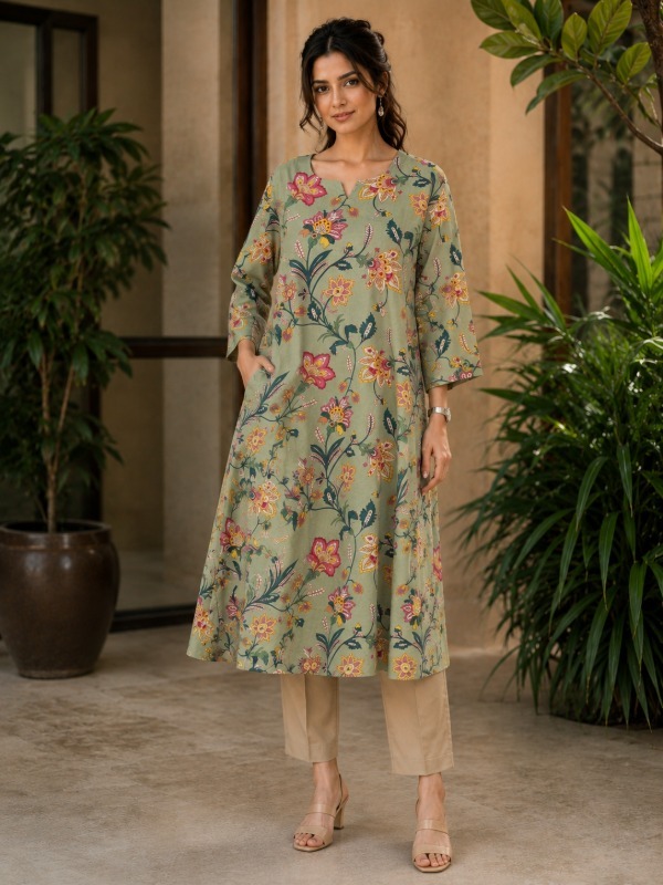 Botanical Bloom vine Pocket A-line kurta