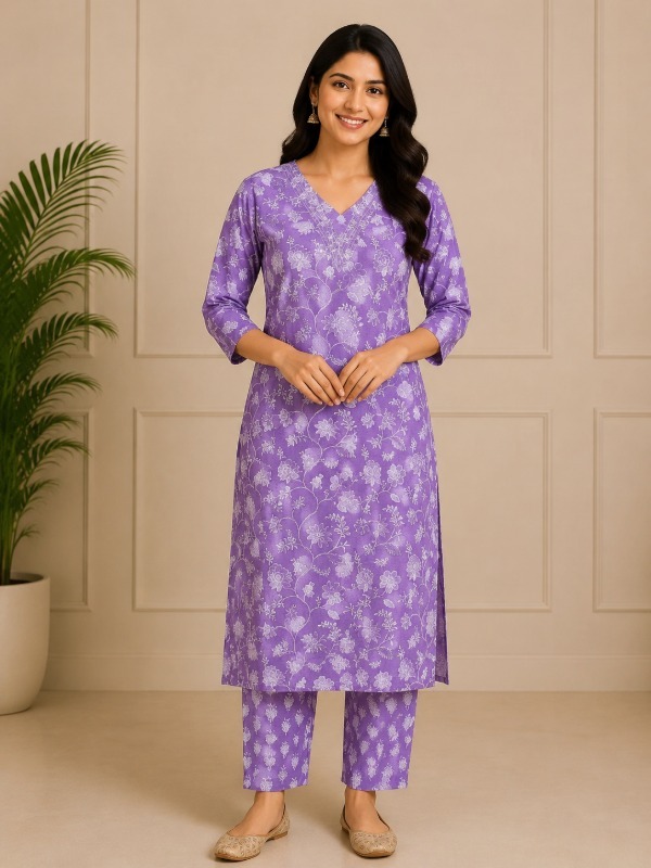 PURPLE V-NECK FLORAL KURTA SET