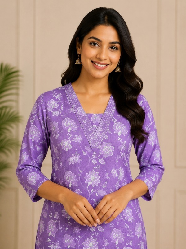 PURPLE V-NECK FLORAL KURTA SET