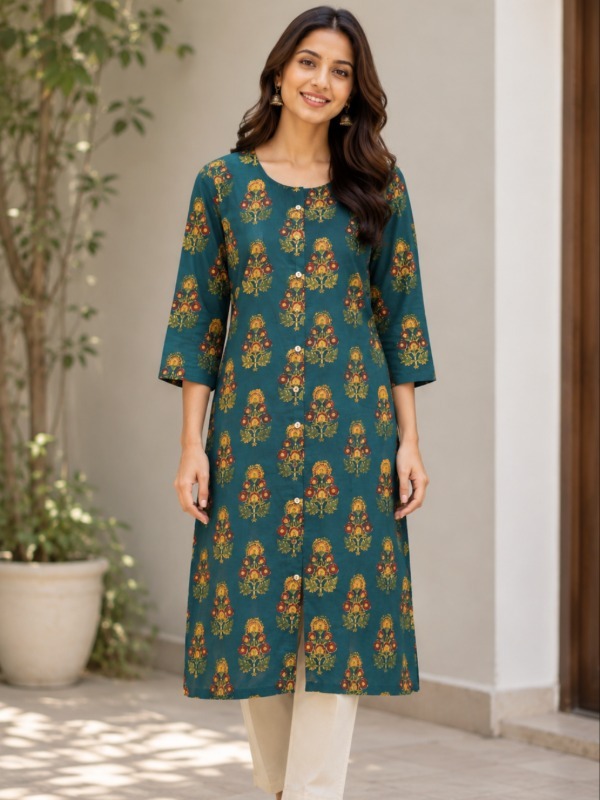 Vintage Floral Print Front Open Kurta