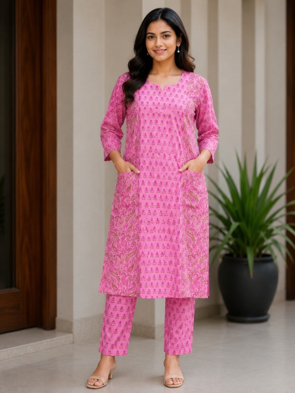 Pink Botanical Pocket Kurta
