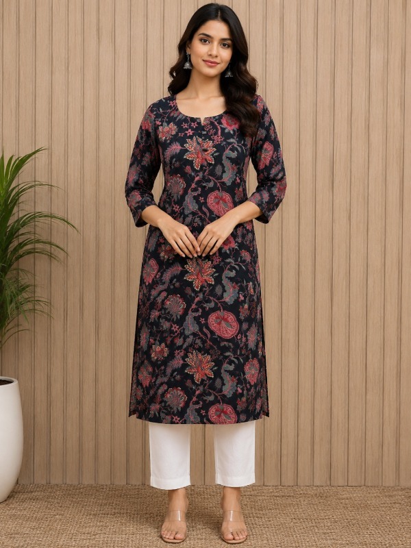 Black Botanical Kurta