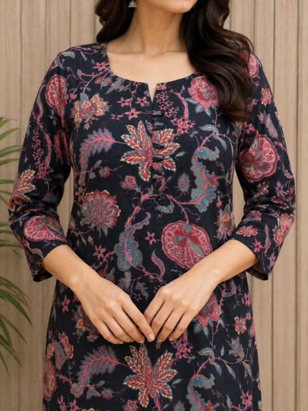 Black Botanical Kurta