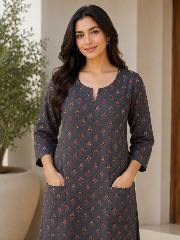 Vincia Dark Grey Butti pocket printed Kurta