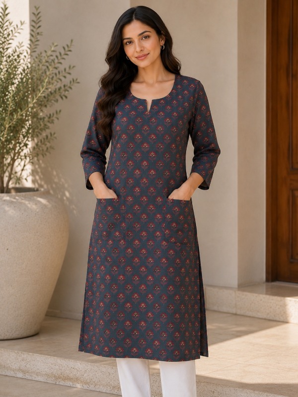 Vincia Dark Grey Butti pocket printed Kurta