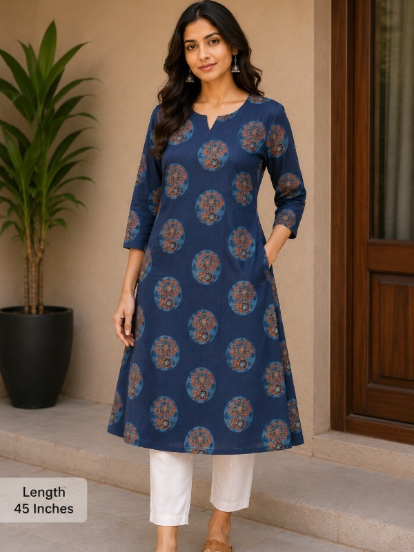 Indigo Circles A-line Pocket Kurta