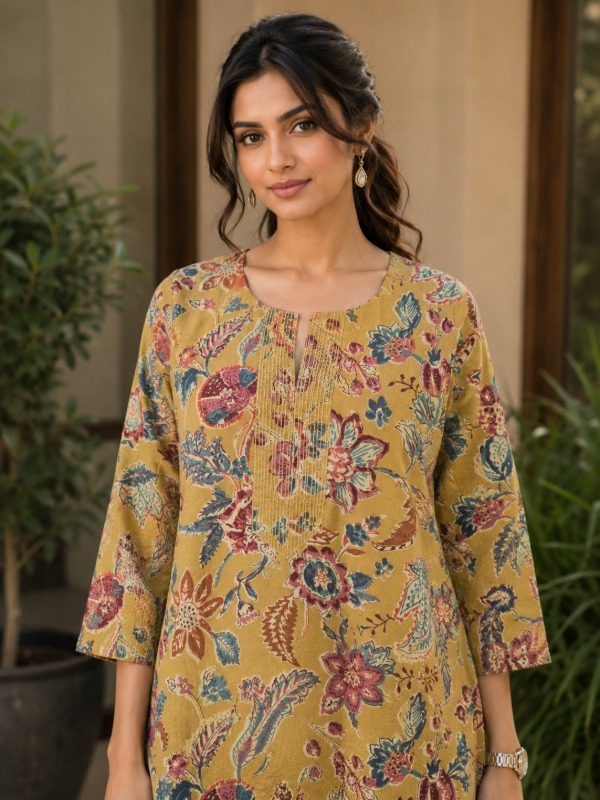 Vincia Mustard Floral Printed Kurta