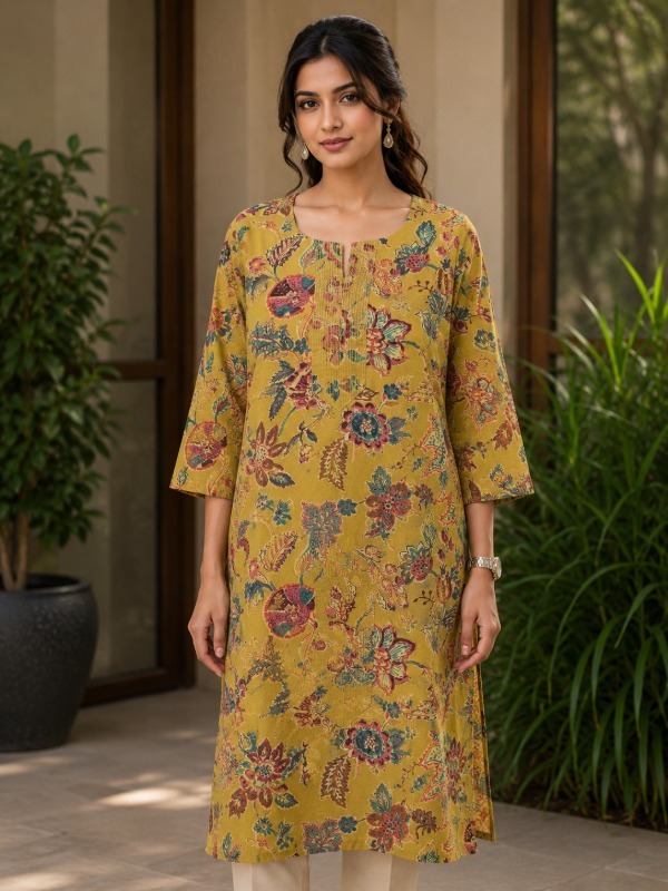 Vincia Mustard Floral Printed Kurta