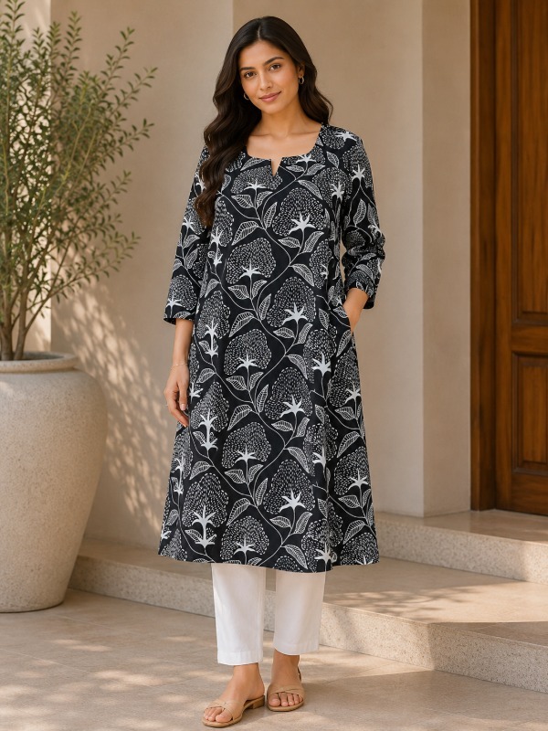 Vincia Black printed A-line pocket Kurta