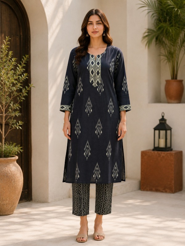 Ikkat Motif Printed Kurta Set