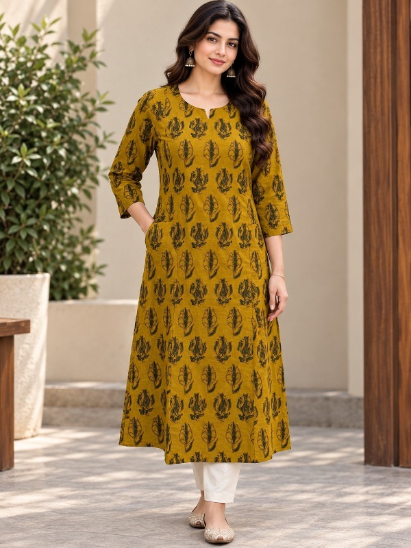Mustard Lotus Print A-line Pocket Kurta