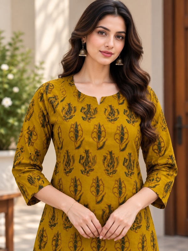 Mustard Lotus Print A-line Pocket Kurta