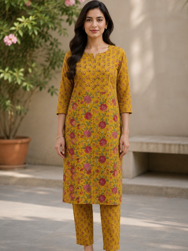 Vincia Mustard Floral Petal Printed Kurta