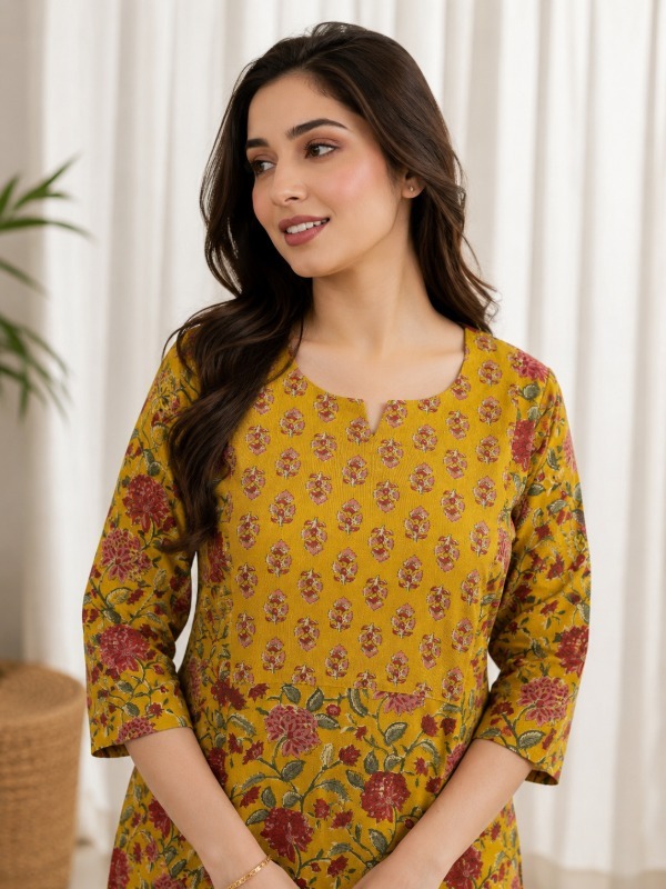 Vincia Mustard Floral Petal Printed Kurta