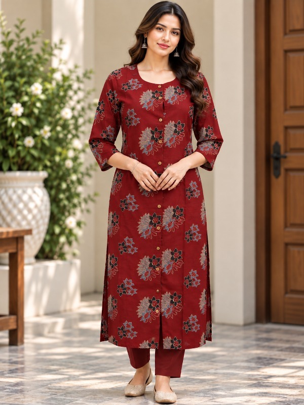 Earthy Floral Front Open Kurta