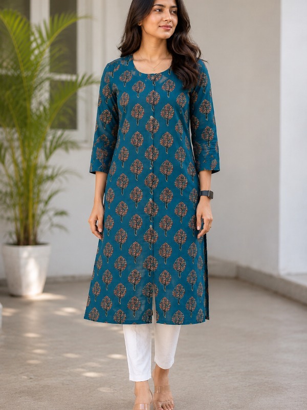 Tree Motif Front Open Kurta